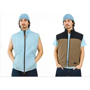 Vintage Y2K Nike Reversible Quilted Vest Light Blue Brown Black Medium Rare